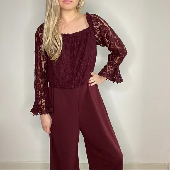 Adrianna Papell Burgundy Lace Long Sleeve Jumpsuit - Picture 12 of 13